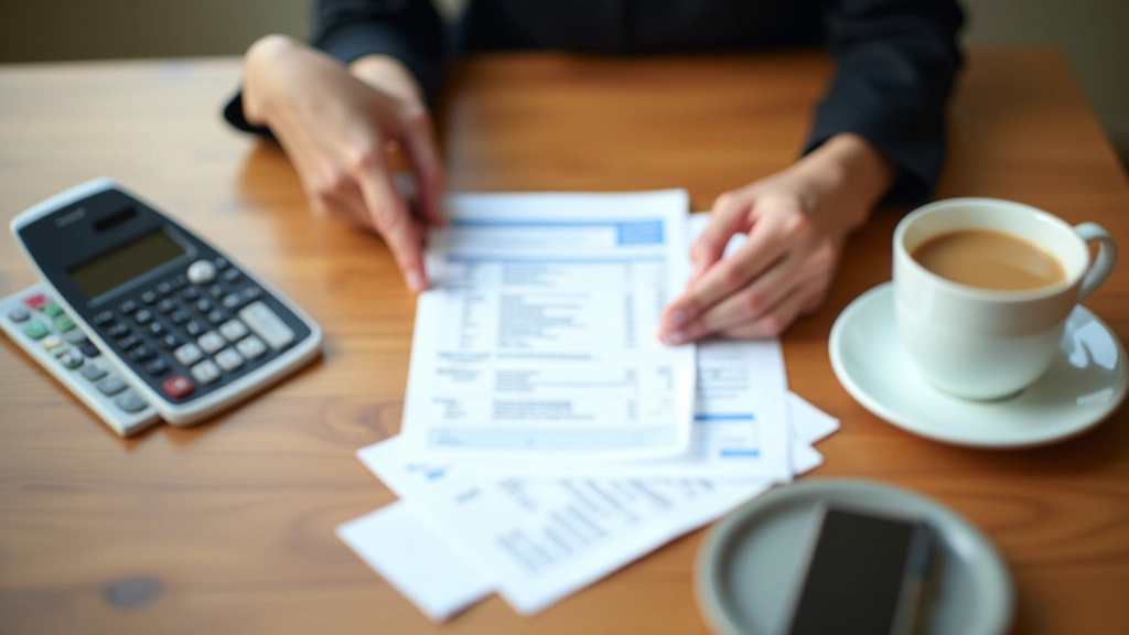 Ruce člověka porovnávající výpis z účtu s psaným rozpočtem na stole s kávou a kalkulačkou