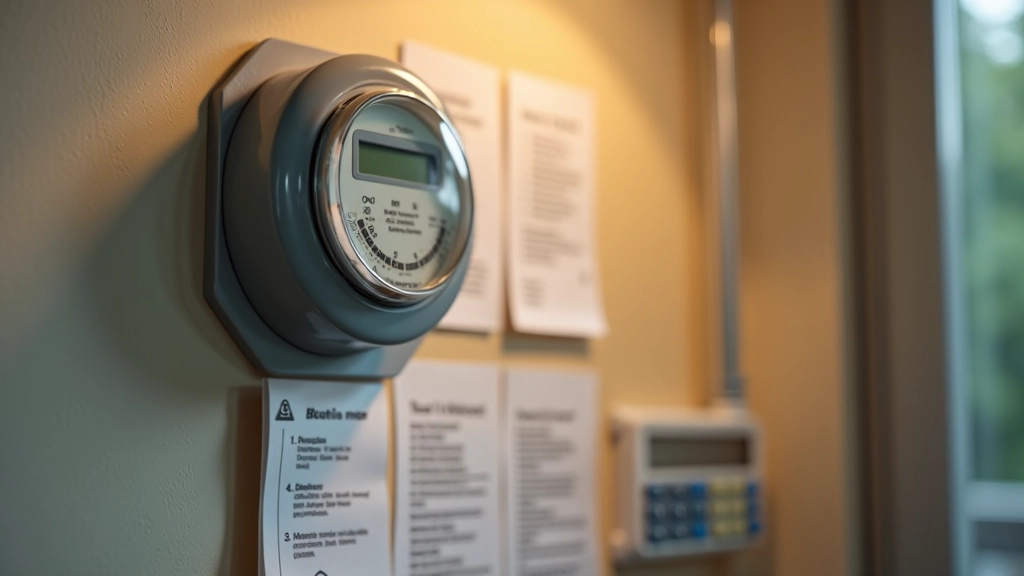 Elektroměr a faktury za elektřinu na cihlové zdi