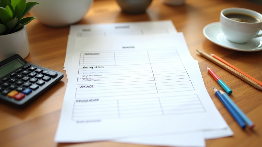 Tabulka s rozpočtovými kategoriemi a částkami na papíru s barevnými tužkami