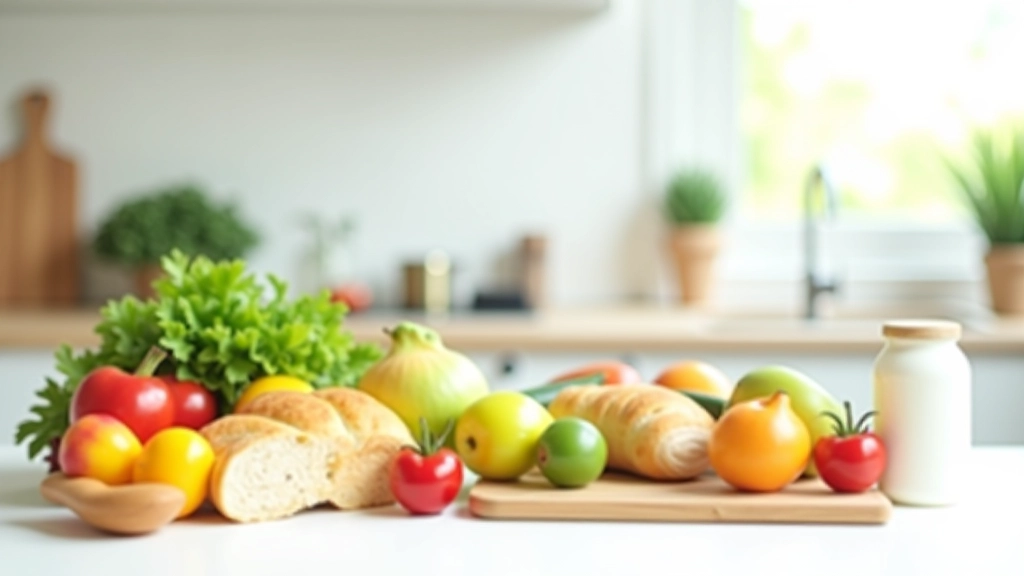 Čerstvé potraviny na kuchyňském pultu, ovoce a zelenina v misce