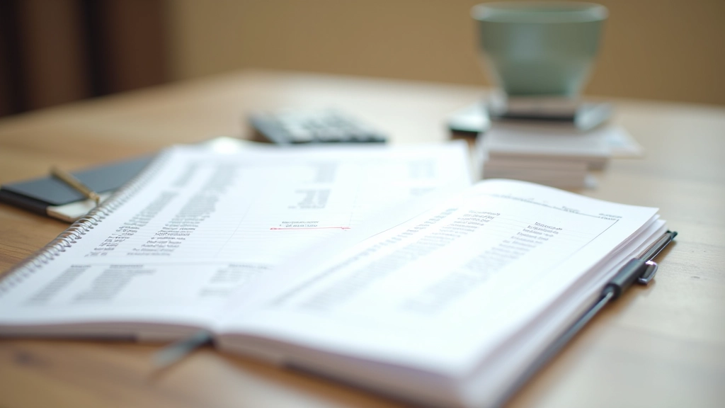 Notebook s psaním rozpočtu na dřevěném stole vedle kalkulačky