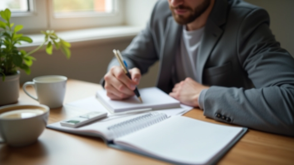 Muž zapisuje si poznatky ze srovnání rozpočtu do deníku s tužkou a notebookem