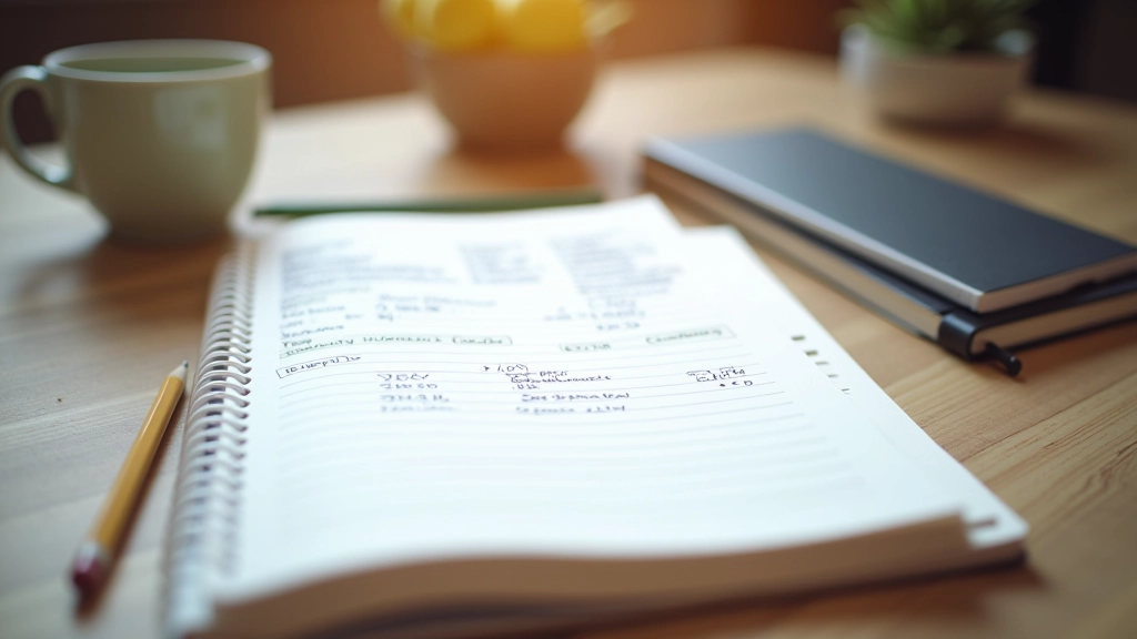 Notebook s poznámkami o měsíčních výdajích a rozpočtovým kategorii