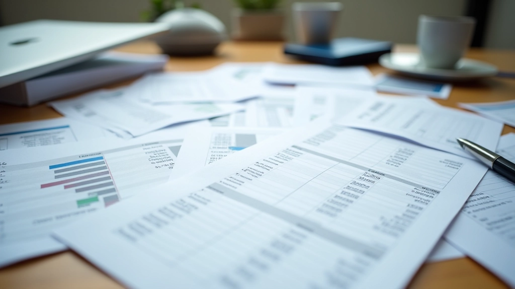 Stohované papíry s čísly a rozpočtem, rozházené v kancelářském prostředí