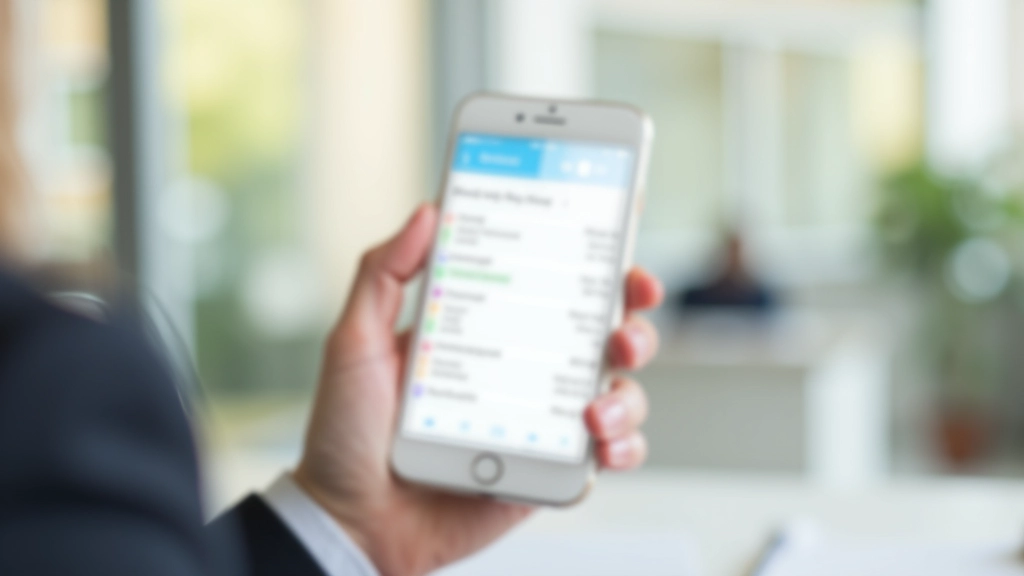 Smartphone s rozpočtovací aplikací na obrazovce, ruka držující telefon